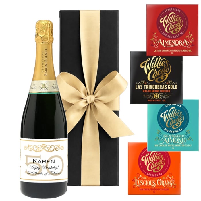 Personalised Champagne with four chocolate bars, black box