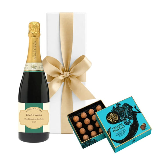 Personalised Champagne with praline milk chocolate truffles