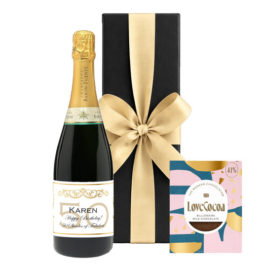 Personalised Classic Cuvée Champagne with a Love Cocoa Billionaire chocolate bar in a luxury black gift box with ribbon