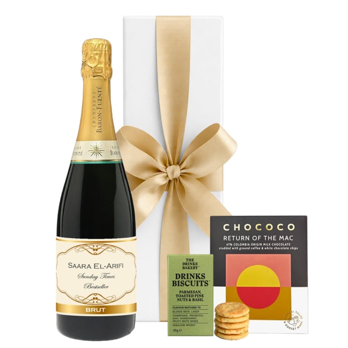 Personalised Champagne with savoury biscuits and coffee chocolate