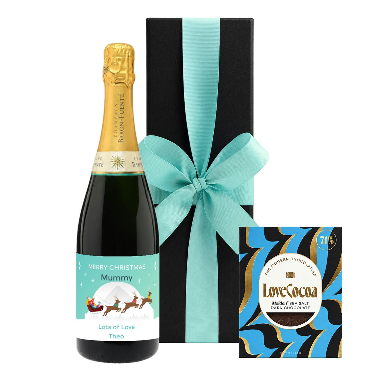 Personalised Christmas Champagne with a Maldon Sea Salt dark chocolate bar in a luxury black gift box with large ribbon