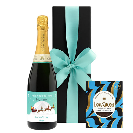 Personalised Christmas Champagne with a Maldon Sea Salt dark chocolate bar in a luxury black gift box with large ribbon