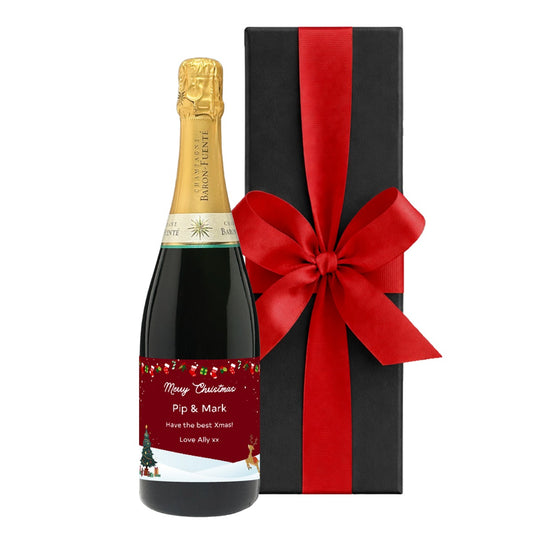 Personalised Christmas Champagne Classic Cuvée with festive label in a luxury black gift box with large ribbon