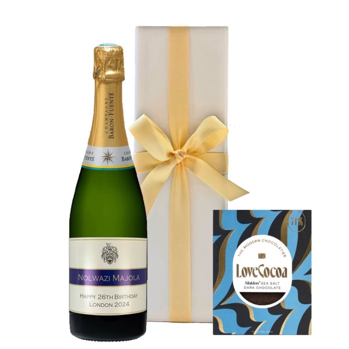 Personalised Champagne with Maldon sea salt chocolate, white box
