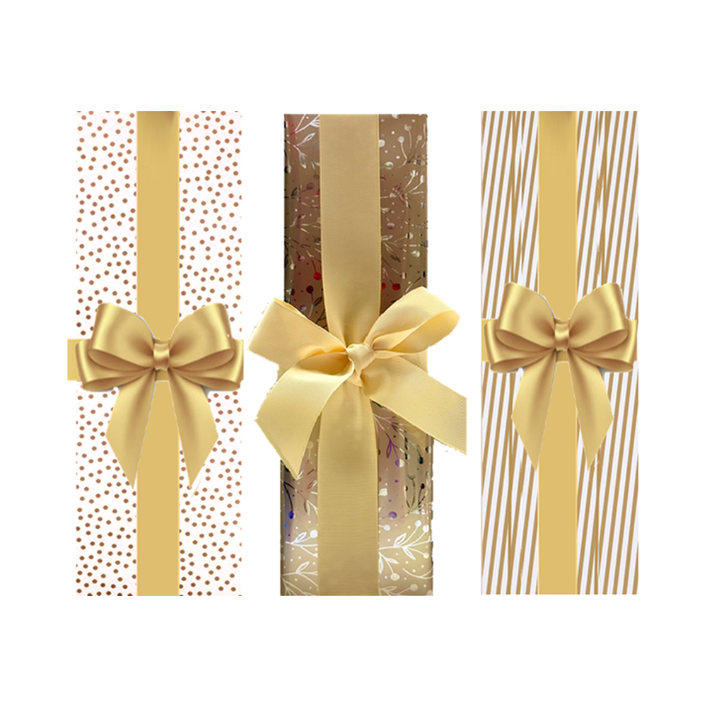 Three bottles in gold wrap: rose gold spots, gold leaf foil and gold stripe, each tied with a gold satin bow