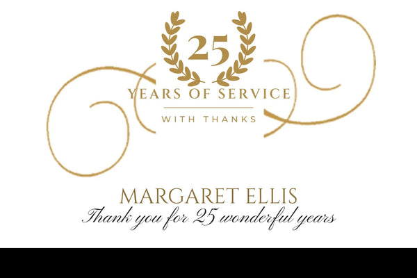 Corporate Champagne label branded with your anniversary emblem or logo in gold swirls, with a name and line