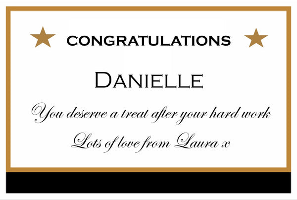 Congratulations Champagne label with gold stars, a crisp black band and a name worthy of the celebration