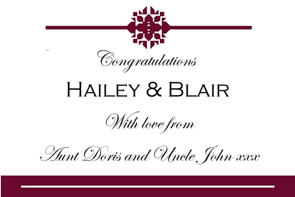 Personalised Congratulations Champagne label with a deep maroon motif and hand-lettered script