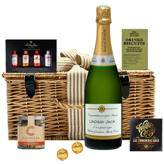 Personalised Champagne and gourmet nibbles wicker hamper