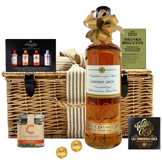 Wicker hamper with personalised Scotch whisky, liqueur chocolates, dark chocolate, chilli nuts, drinks biscuits and truffles