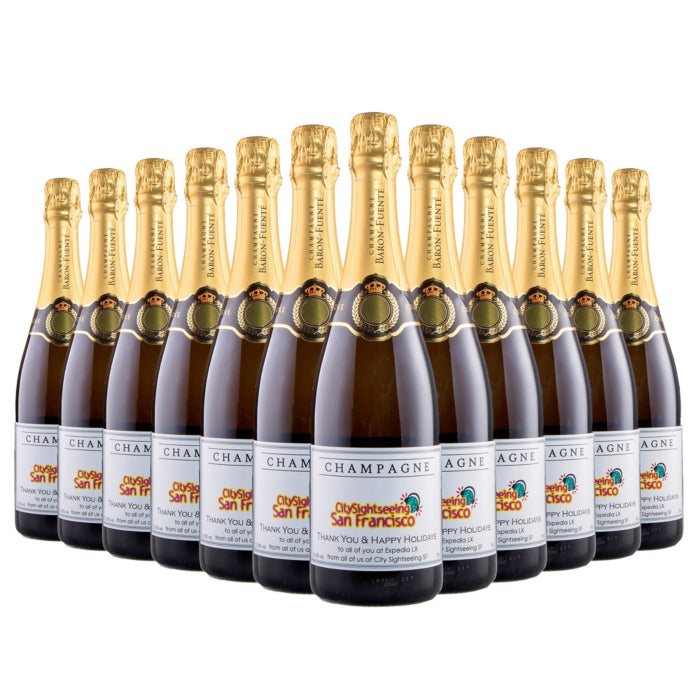 Corporate branded case of twelve Signature Grande Réserve Brut Champagne bottles, each carrying your company logo — a high-end corporate gift