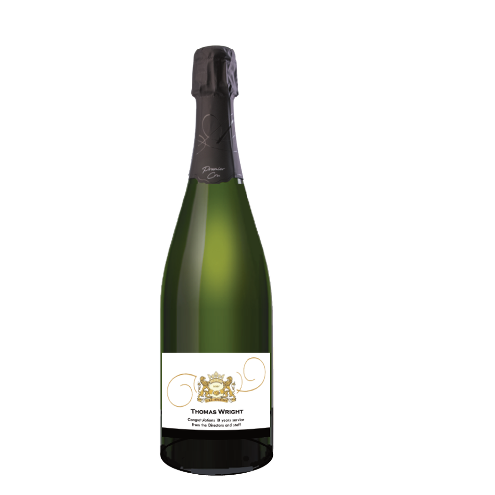 Champagne branded with logo. Premier Cru Champagne bottle with a company crest label and a long-service message.