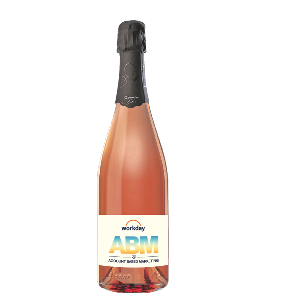 Champagne branded with logo. Bottle of Premier Cru Rosé Champagne with a custom company logo label.