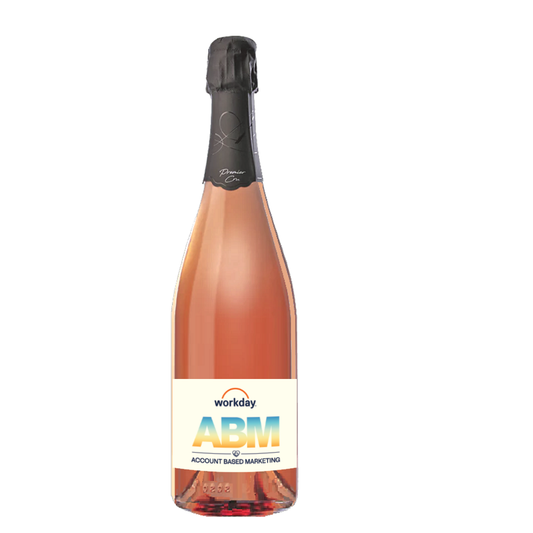 Champagne branded with logo. Bottle of Premier Cru Rosé Champagne with a custom company logo label.