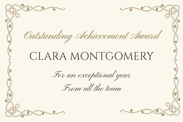 Outstanding Achievement Award Champagne label in cream with ornate gold corners, name and message