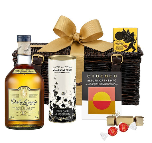 Wicker hamper with a 70cl bottle of Dalwhinnie 15 Year Old single malt whisky, truffles, shortbread and chocolate