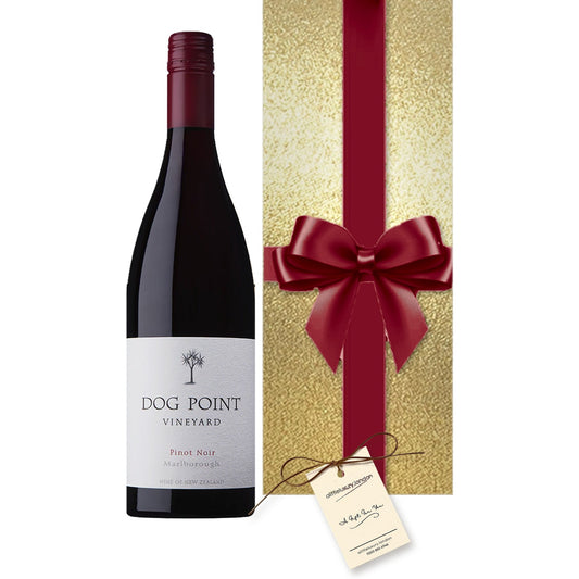 Dog Point Pinot Noir, Marlborough hand gift-wrapped in Classic Gold wrap with an A Little Luxury gift tag