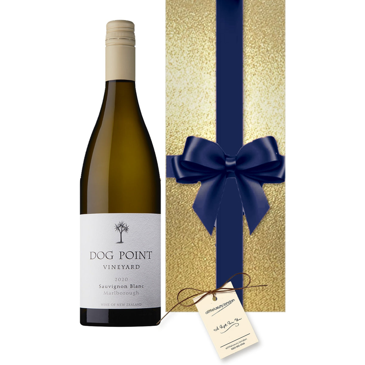 Dog Point Sauvignon Blanc, Marlborough hand gift-wrapped in Classic Gold wrap with an A Little Luxury gift tag