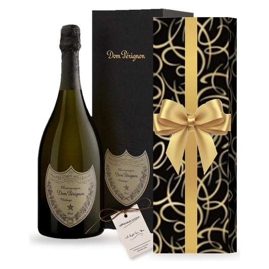 Dom Pérignon Vintage 2018 Champagne with its Dom Pérignon box and a gift hand-wrapped in Smart Black & Gold Swirl wrap