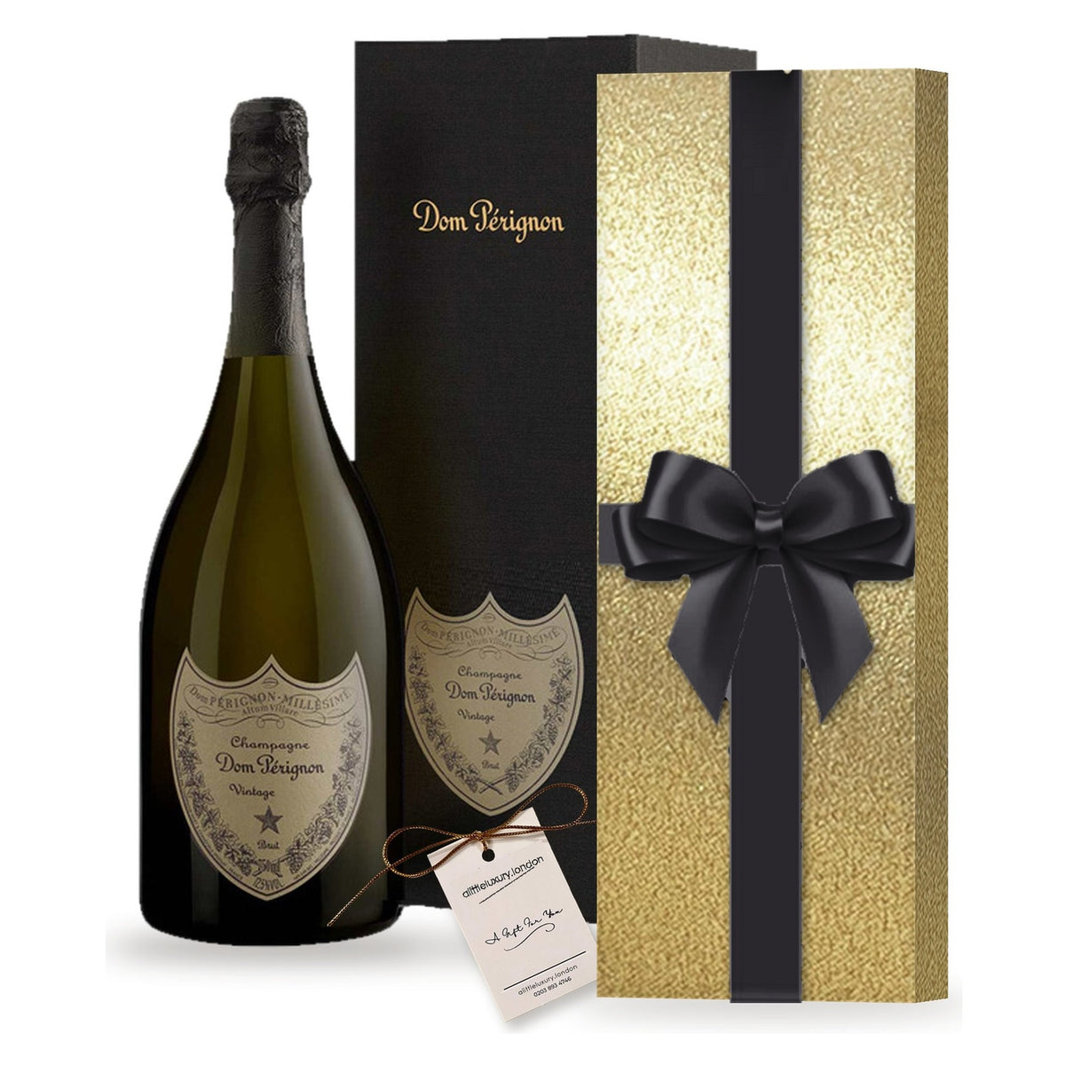 Dom Pérignon Vintage 2018 Champagne with its Dom Pérignon box and a gift hand-wrapped in Classic Gold & Black wrap