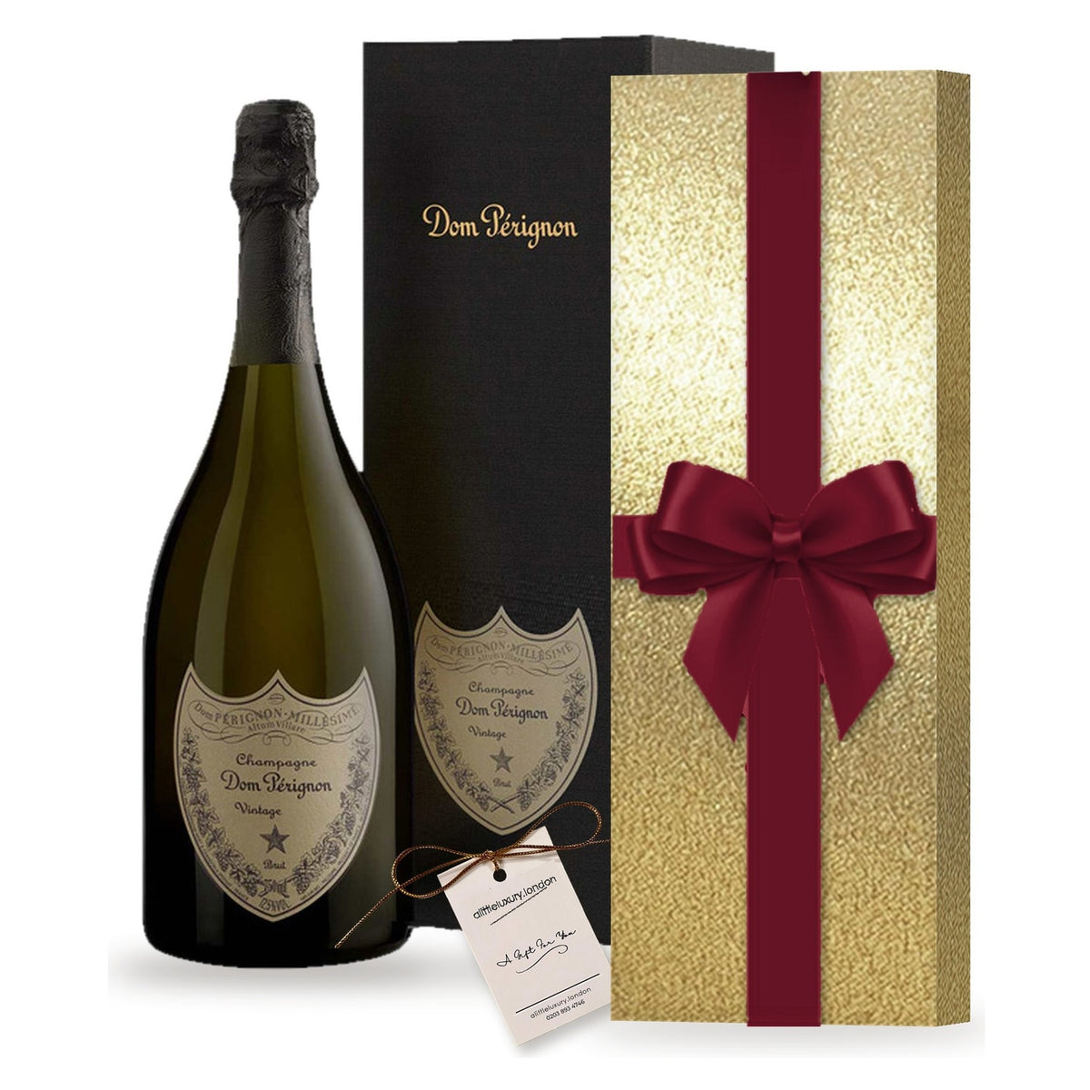 Dom Pérignon Vintage 2018 Champagne with its Dom Pérignon box and a gift hand-wrapped in Classic Gold & Burgundy wrap