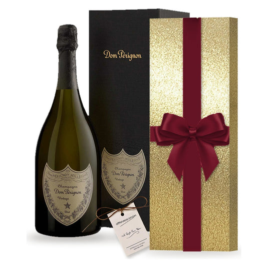 Dom Pérignon Vintage 2018 Champagne with its Dom Pérignon box and a gift hand-wrapped in Classic Gold & Burgundy wrap