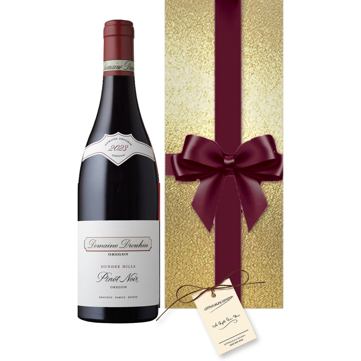 Domaine Drouhin Dundee Hills Pinot Noir hand gift-wrapped in Classic Gold wrap with an A Little Luxury gift tag