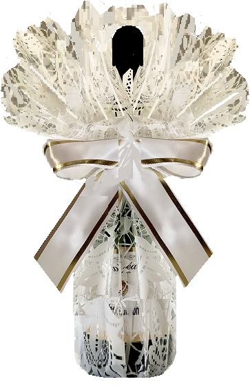 Champagne bottle hand-wrapped in lace-effect white gift wrap with an ivory satin bow edged in gold.
