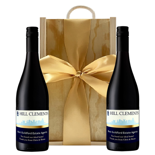 Two bottles of branded St Marc Cabernet Sauvignon in a wooden gift box