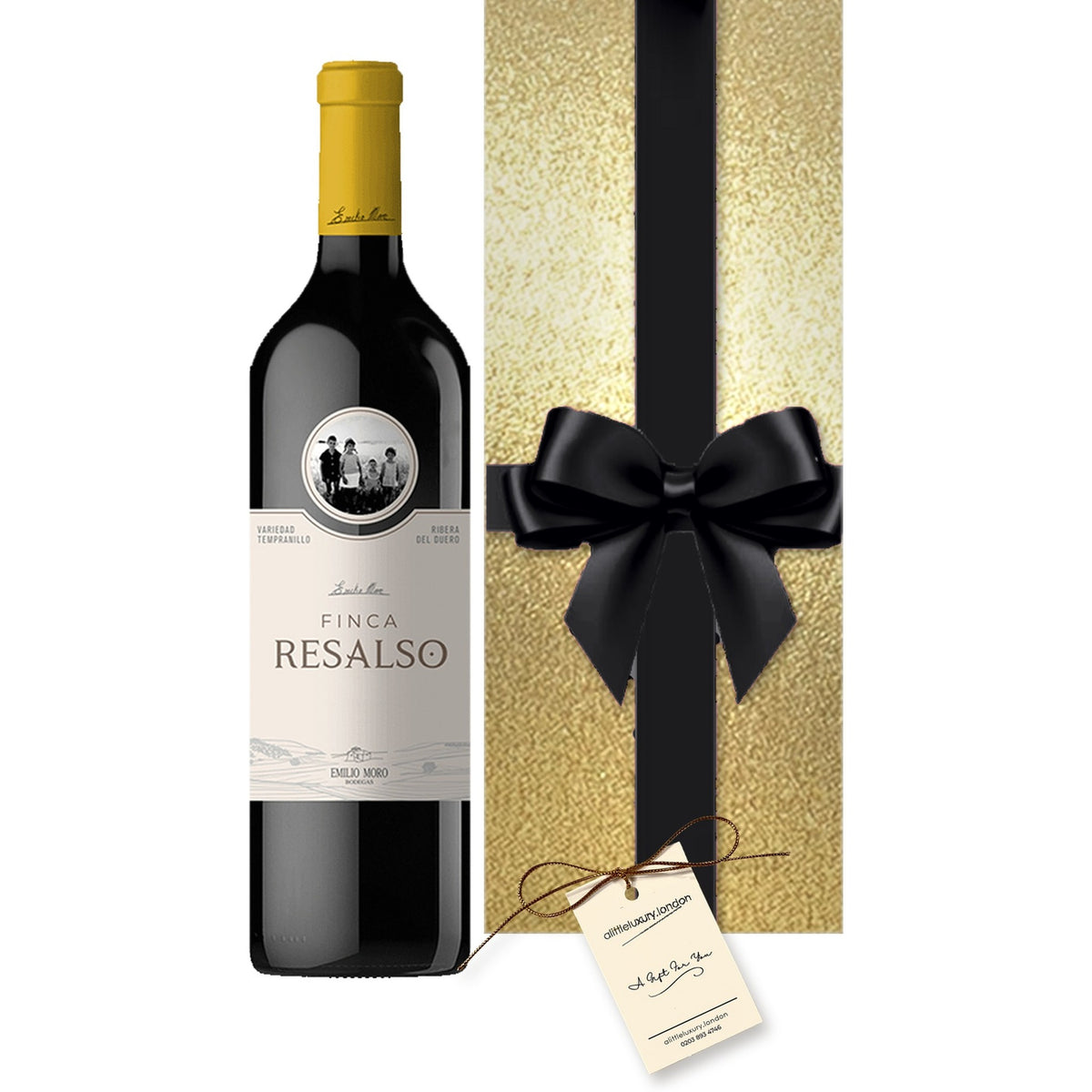 Emilio Moro Finca Resalso, Ribera del Duero hand gift-wrapped in Classic Gold wrap with an A Little Luxury gift tag