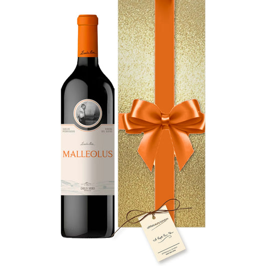 Emilio Moro Malleolus, Ribera del Duero hand gift-wrapped in Classic Gold wrap with an A Little Luxury gift tag