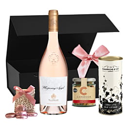 En Provence hamper with Whispering Angel rosé, rose fondants, shortbread and roasted nuts in a black gift box