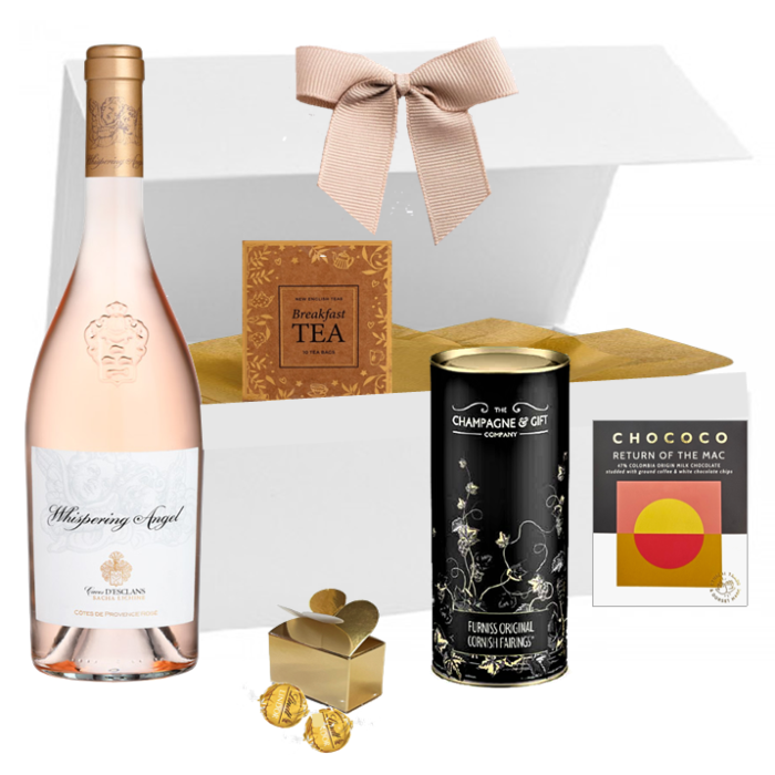 Encore Provence Whispering Angel rose wine hamper with coffee chocolate, cookies and Earl Grey tea