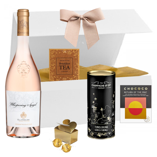 Encore Provence Whispering Angel rose wine hamper with coffee chocolate, cookies and Earl Grey tea