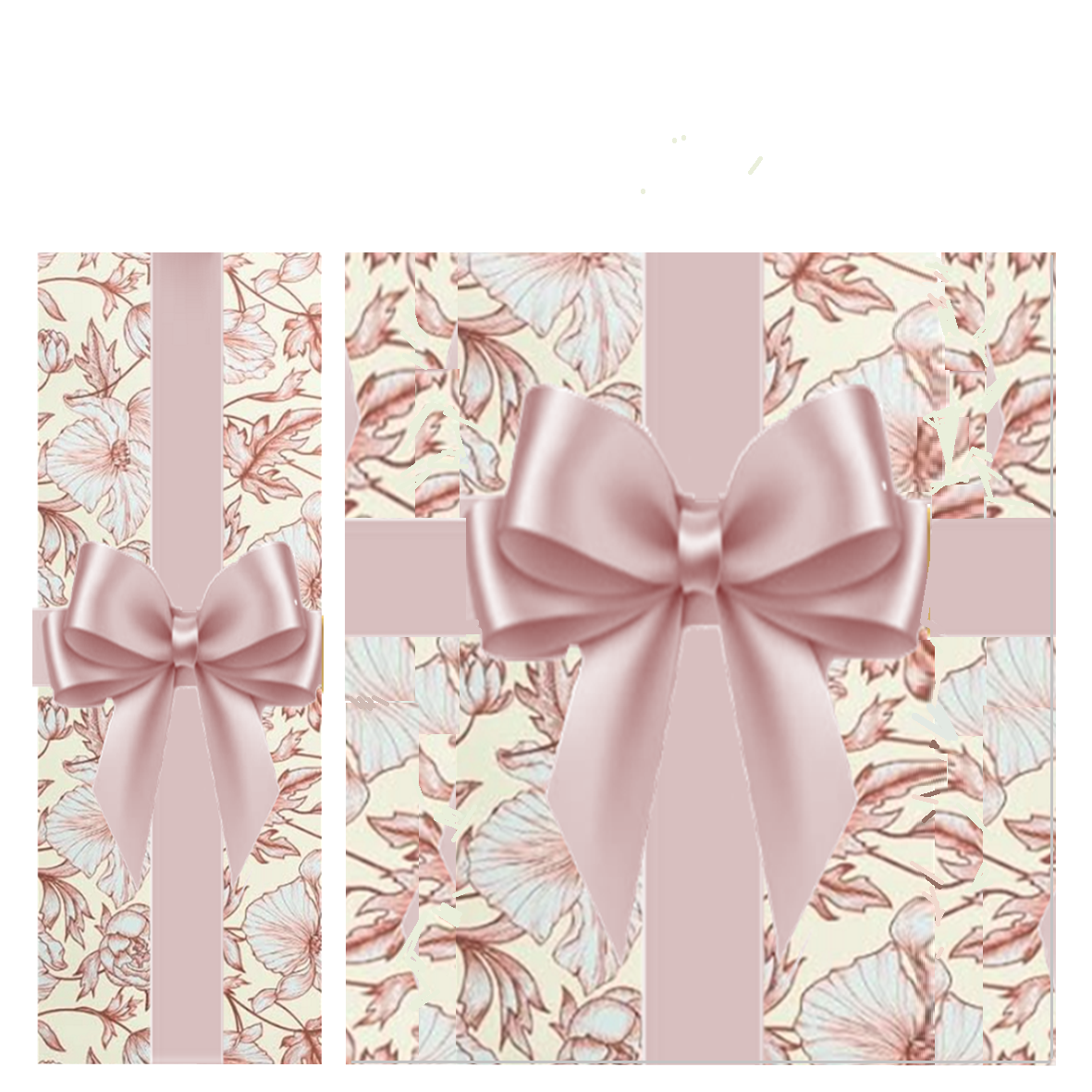 Bottle and gift box hand-wrapped in cream paper with blush pink florals and a pink satin ribbon bow