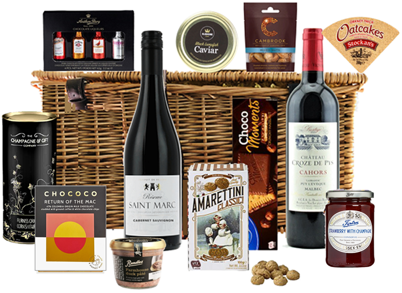Wicker Christmas hamper with two fine red wines, wild boar paté, gin and tonic honeycomb chocolate and luxury treats