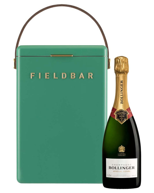 Bollinger Special Cuvee Champagne with Fieldbar cooler in Parisian Green, luxury gold gift box with large ribbon