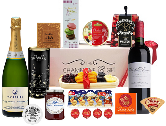 Glyndebourne Christmas hamper with personalised Champagne, Château Cissac, panettone, Lindt Santa sleigh and macarons