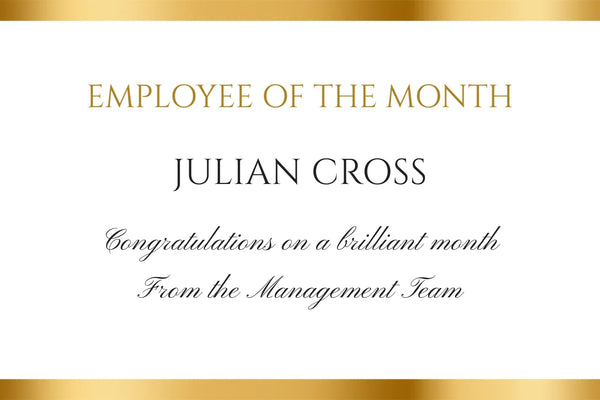 Employee of the Month Champagne label with gleaming gold bars, the winner's name and a message from the team
