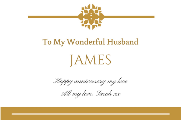 'To My Wonderful Husband' Champagne label with a gold crest and gold band, his name and a loving message
