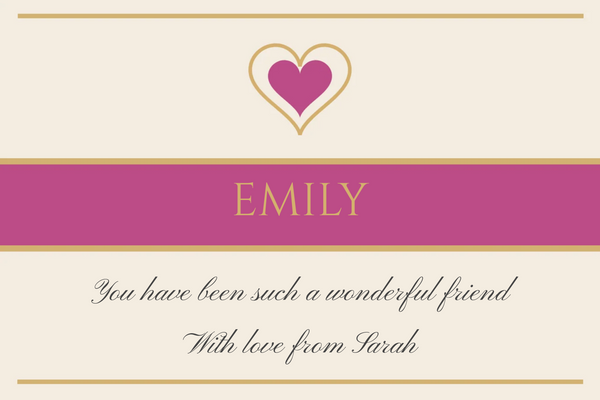 Personalised friendship champagne label, cream with a gold heart and a pink name band
