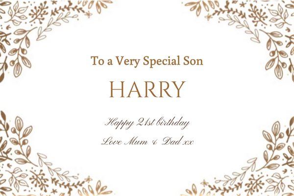 'To a Very Special Son' Champagne label with gold leaf corners, his name and a proud script message