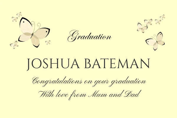 Soft cream graduation Champagne label with golden butterflies, 'Graduation' in script and the graduate's name