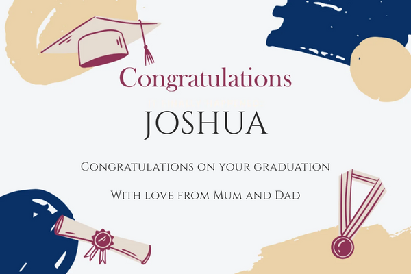 Graduation Champagne label with navy and gold brushstrokes, a mortarboard, diploma and medal and the graduate's name