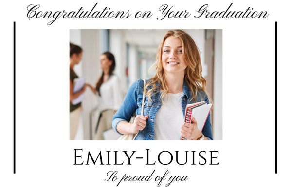 'Congratulations on Your Graduation' photo label printed with your own photo of the graduate and their name