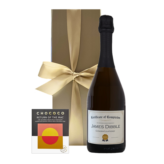 Personalised for a graduation gift with name and message. Prosecco and coffee chocolate in a wooden presentation box.