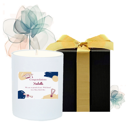 Personalised for a graduation gift with name and message. Scented candle with a graduation label design.