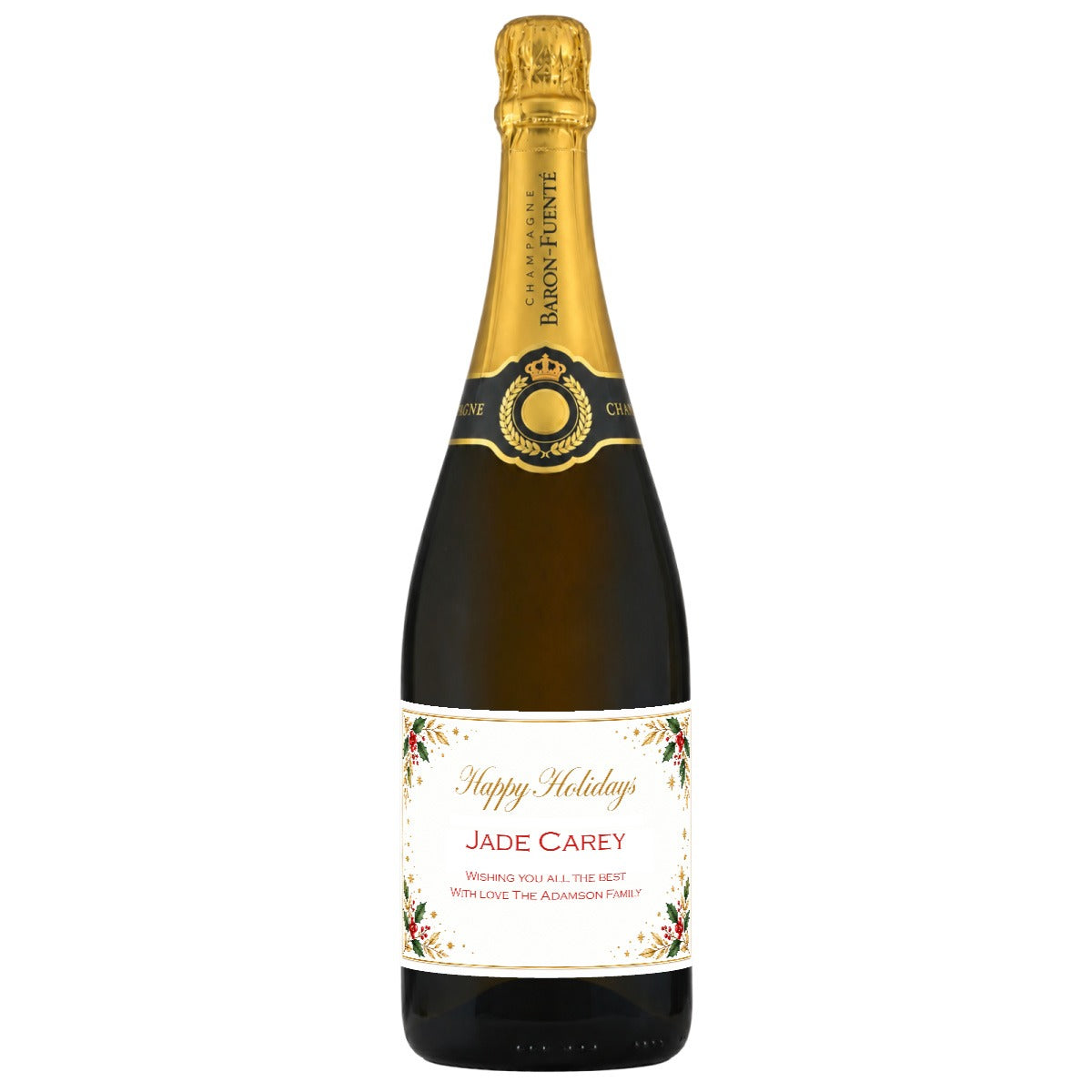 Personalised Grande Réserve Champagne by Baron Fuenté with festive label and gold foil, hand-tied ribbon and message card