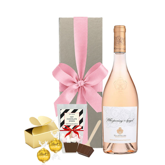 Heavenly Whispering Angel rose wine hamper box with chocolate dipping spoon, truffles and macarons