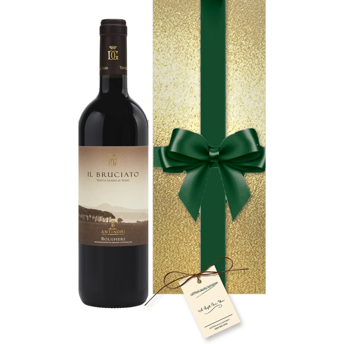 Il Bruciato, Bolgheri hand gift-wrapped in Classic Gold wrap with an A Little Luxury gift tag
